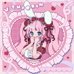 1girl animal_ears blue_eyes bow breasts cleavage commentary_request covered_mouth detached_sleeves frills hair_bow hands_up heart large_breasts long_hair looking_at_viewer neki_(wakiko) original pink_hair puffy_short_sleeves puffy_sleeves rabbit_ears red_bow red_sleeves see-through_clothes see-through_sleeves short_sleeves solo twintails upper_body very_long_hair