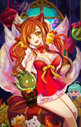 Rule 34 | 1girl, :&lt;, ahri (league of legends), alternate costume, alternate hairstyle, animal ears, black hair, breasts, capelet, christmas, christmas ornaments, cleavage, dress, facial mark, fire, fox ears, fox tail, frilled dress, frills, gift wrapping, hat, highres, layered dress, league of legends, crossed legs, looking at viewer, lulu (league of legends), open mouth, ribbon, short dress, sinbe, sitting, smile, solo, sona (league of legends), tail, teemo, thresh (league of legends), thresh (league of legends), twintails, volibear, whisker markings, window, witch hat, yellow eyes