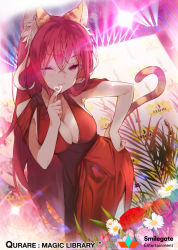Rule 34 | 1girl, ;), animal ears, breasts, cat ears, cat tail, cleavage, dress, floodlights, flower, hand on own hip, heart, large breasts, long hair, looking at viewer, official art, one eye closed, plant, qurare magic library, red dress, red hair, sankyaku tako, smile, standing, tail, very long hair, watermark