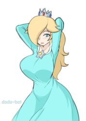 Rule 34 | 1girl, arms behind head, artist name, blonde hair, blue dress, blue eyes, blush, breasts, brooch, contrapposto, crown, dodo-bot, dress, eyelashes, hair over one eye, highres, jewelry, large breasts, lips, long hair, long sleeves, looking at viewer, mario (series), nintendo, parted lips, rosalina, simple background, solo, star (symbol), super mario galaxy, white background