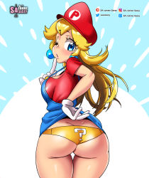 Rule 34 | 1girl, absurdres, ass, blonde hair, blue background, breasts, clothes lift, cosplay, cowboy shot, earrings, gloves, hat, highres, jewelry, large breasts, long hair, looking at viewer, looking back, mario, mario (cosplay), mario (series), nintendo, one eye closed, overall skirt, panties, parted lips, princess peach, red hat, red shirt, sasa tseng, shiny skin, shirt, short sleeves, skirt, skirt lift, solo, standing, super mario bros. 1, suspender skirt, suspenders, thigh gap, underwear, white background, white gloves, wink, yellow panties
