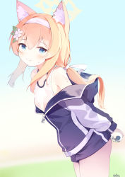 Rule 34 | 1girl, absurdres, animal ear fluff, animal ears, black jacket, black shorts, blonde hair, blue archive, blue background, blue eyes, blush, bottle, breasts, closed mouth, commentary request, flower, from side, hair between eyes, hair flower, hair ornament, halo, headband, highres, holding, holding bottle, hood, hood down, hooded jacket, jacket, leilin, long hair, long sleeves, looking at viewer, looking to the side, low ponytail, mari (blue archive), mari (track) (blue archive), off shoulder, open clothes, open jacket, ponytail, puffy long sleeves, puffy sleeves, shirt, short shorts, shorts, signature, sleeveless, sleeveless shirt, small breasts, smile, solo, sweat, track jacket, very long hair, water bottle, white flower, white headband, white shirt