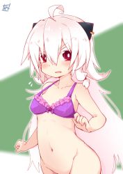 Rule 34 | 1girl, ahoge, bare arms, bare shoulders, blush, bottomless, bra, breasts, groin, hair between eyes, long hair, looking at viewer, navel, original, out-of-frame censoring, pink hair, purple bra, red eyes, reku, shiroko (reku), sidelocks, small breasts, solo, two-tone background, underwear, underwear only, very long hair, white hair