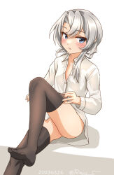 Rule 34 | 1girl, asymmetrical hair, black thighhighs, collared shirt, dress shirt, flipped hair, grey eyes, kantai collection, long hair, nowaki (kancolle), one-hour drawing challenge, open clothes, open shirt, ray.s, shirt, simple background, sitting, solo, swept bangs, thighhighs, white background, white hair, white shirt