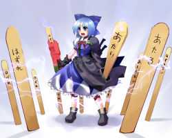 Rule 34 | 1girl, advent cirno, blue dress, blue eyes, blue hair, blush, boots, bow, cirno, dress, electricity, electrokinesis, female focus, food, full body, fusion swords, gloves, gradient background, hair bow, hidamarinet, highres, keroro, keroro gunsou, matching hair/eyes, melting, popsicle, short hair, solo, standing, sword, touhou, watermelon bar, weapon