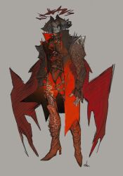 Rule 34 | 1boy, aatrox, boots, closed mouth, full body, grey background, high heel boots, high heels, highres, league of legends, looking at viewer, male focus, pants, red wings, signature, solo, standing, wings, xkov (cerberuskeeper)