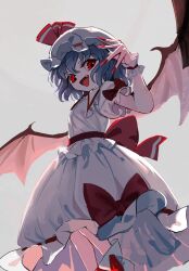 Rule 34 | 1girl, blue hair, bow, collared shirt, demon wings, fang, feet out of frame, fingernails, frilled shirt collar, frilled sleeves, frills, grey background, hat, hat ribbon, highres, looking at viewer, medium bangs, mob cap, open mouth, pink wings, puffy short sleeves, puffy sleeves, red bow, red eyes, red nails, red ribbon, remilia scarlet, ribbon, sharp fingernails, shirt, short hair, short sleeves, simple background, skirt, skirt set, smile, solo, suna (s73d), touhou, waist bow, white shirt, white skirt, wings, wrist cuffs