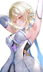 Rule 34 | 1girl, armpits, arms up, blonde hair, blush, breasts, commentary request, dress, flower, genshin impact, hair flower, hair ornament, highres, large breasts, lumine (genshin impact), parted lips, pottsness, solo, twitter username, white background, white dress, yellow eyes