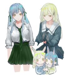 Rule 34 | 2girls, animal ears, bang dream!, bang dream! it&#039;s mygo!!!!!, blue hair, blue shirt, blue skirt, cheek-to-cheek, closed mouth, collared shirt, commentary, green hair, green necktie, green ribbon, green skirt, hair ornament, hair ribbon, hairclip, haneoka school uniform, heads together, heart, highres, holding hands, indoors, kemonomimi mode, ki3wii, long hair, looking at viewer, multiple girls, necktie, pleated skirt, rabbit ears, ribbon, sailor collar, school uniform, shirt, skirt, sleeves rolled up, solo, symbol-only commentary, togawa sakiko, tsukinomori school uniform, wakaba mutsumi, white background, white sailor collar, white shirt, yellow eyes