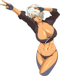 Rule 34 | 1girl, ahoge, angel (kof), blue eyes, breasts, cleavage, hohehohe, large breasts, navel, open mouth, short hair, silver hair, smile, snk, solo, the king of fighters