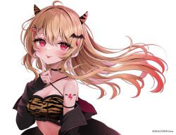 Rule 34 | 1girl, ahoge, alternate costume, animal print, arm tattoo, bare shoulders, bat hair ornament, black jacket, blonde hair, blush, breasts, cleavage, copyright name, criss-cross halter, demon girl, demon horns, finger to cheek, floating hair, hair intakes, hair ornament, halterneck, highres, hololive, horns, jacket, lightning bolt print, looking at viewer, medium breasts, midriff, namagome negi, off shoulder, orange tube top, ponytail, red eyes, simple background, solo, strapless, tattoo, tiger print, tongue, tongue out, tube top, upper body, virtual youtuber, white background, yozora mel