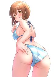 Rule 34 | 1girl, :q, absurdres, antenna hair, ass, ass focus, b1ack illust, back, bikini, blush, breasts, brown eyes, brown hair, closed mouth, commentary, commission, foreshortening, hagiwara yukiho, hand on own ass, highres, idolmaster, idolmaster million live!, index finger raised, large breasts, looking at viewer, looking back, pixiv commission, short hair, sideboob, simple background, smile, solo, striped bikini, striped clothes, swimsuit, tareme, tongue, tongue out, wet, white background