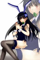 Rule 34 | 1000000000, 10s, 1girl, animal ears, bare shoulders, black hair, black thighhighs, blush, brown eyes, fake animal ears, flower, hair ornament, hairband, hydrangea, leaf, leotard, long hair, mouth hold, nail polish, own hands together, playboy bunny, rabbit ears, rabbit tail, sanka rea, sankarea, sitting, solo, tail, thighhighs, wrist cuffs, zombie, zoom layer