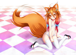Rule 34 | 1girl, animal ears, bad id, bad pixiv id, bandages, bandaid, bandaid on pussy, brown eyes, brown hair, cameltoe, checkered floor, flat chest, fox ears, fox tail, hair ornament, hairclip, kaminazuki, knees together feet apart, kurohime (kuronekohimechan), long hair, looking at viewer, navel, one-piece swimsuit, open mouth, original, ribbon, sandals, sarashi, school swimsuit, see-through, sitting, solo, swimsuit, tail, thighhighs, twintails, wet, wet clothes, wet swimsuit, white one-piece swimsuit, white school swimsuit, white thighhighs