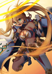 Rule 34 | 1girl, absurdres, armor, bikini, bikini top only, blonde hair, boots, bradamante (fate), braid, breasts, cleavage, clenched hand, crown braid, elbow gloves, fate/grand order, fate (series), faulds, french braid, gloves, gradient background, green eyes, hair between eyes, highleg, highleg leotard, highres, holding, holding weapon, knee boots, lance, large breasts, leotard, long hair, looking at viewer, open mouth, orange background, polearm, solo, swimsuit, thigh strap, thighs, tunaragipv731, twintails, two-tone bikini, very long hair, weapon, white background