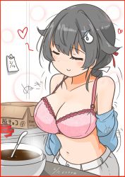 Rule 34 | 1girl, black hair, blue sweater, box, bra, braid, breasts, chocolate, cleavage, commentary request, curse (023), closed eyes, hair flaps, hair ornament, hairclip, highres, jingei (kancolle), kantai collection, ladle, large breasts, long hair, low ponytail, official alternate costume, pants, pink bra, single braid, solo, sweater, underwear, undressing, upper body, whale hair ornament, white pants
