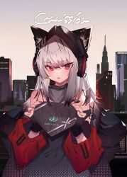 Rule 34 | 1girl, animal ears, arknights, black gloves, black hat, blush, box, city, commentary, commission, detached collar, english text, fingerless gloves, fox ears, frostleaf (arknights), gloves, grey shirt, grey sky, hair between eyes, hat, headphones, heart-shaped box, holding, holding box, implied extra ears, jacket, long hair, looking at viewer, nail polish, off shoulder, open clothes, open jacket, open mouth, pink nails, red eyes, red jacket, shirt, silver hair, skeb commission, sky, solo, soukou makura, sunlight, upper body, valentine