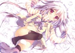 Rule 34 | 1girl, blush, highres, long hair, looking at viewer, lying, no panties, non-web source, on back, open mouth, original, purple hair, red eyes, scan, scarf, shiratama (shiratamaco), shiroi inu, skirt, skirt around one leg, smile, solo, thighhighs