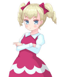 Rule 34 | 1girl, arezea, blonde hair, blush, bow, child, copyright request, dress, drill hair, eyebrows, eyelashes, hair bow, looking at viewer, shiny skin, simple background, solo, twin drills, white background
