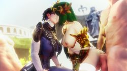 Rule 34 | 2boys, 2girls, 3d, :o, animated, ayyteethreedee, bayonetta, bayonetta (series), bisexual female, black hair, breasts, breasts out, clothed female nude male, clothed sex, clothes, ear piercing, french kiss, glasses, green hair, highres, kid icarus, kiss, large breasts, long hair, multiple boys, multiple girls, nintendo, nipples, nude, open mouth, palutena, penis, piercing, sex, sex from behind, short hair, sound, uncensored, vaginal, video