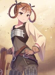 Rule 34 | 1girl, belt, bodysuit, braided hair rings, brown background, brown eyes, brown gloves, brown hair, closed mouth, commentary request, gloves, grey bodysuit, hair rings, highres, light frown, liza (unicorn overlord), shira yu ki, solo, standing, unicorn overlord, wide sleeves