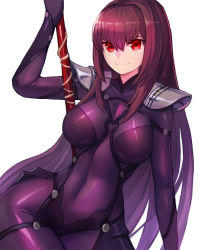 Rule 34 | 1girl, arm up, armor, bodysuit, breasts, breasts apart, closed mouth, covered navel, fate/grand order, fate (series), female focus, gae bolg (fate), gradient background, hair between eyes, hair intakes, highres, holding, holding polearm, holding spear, holding weapon, large breasts, long hair, looking at viewer, multicolored hair, neck, pauldrons, polearm, purple bodysuit, purple hair, red eyes, red hair, scathach (fate), shoulder armor, simple background, skin tight, smile, solo, sookmo, spear, type-moon, v-neck, very long hair, weapon, white background