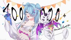 Rule 34 | 1girl, animal ears, black sclera, blue eyes, clenched hand, collarbone, colored sclera, confetti, dragon, dragon ears, dragon girl, elira pendora, elira pendora (1st costume), extra eyes, fangs, gloves, grey gloves, grey overalls, hair over one eye, head wings, highres, looking to the side, milestone celebration, nijisanji, nijisanji en, overalls, party popper, pikl (elira pendora), purple eyes, sekirou (taroro 03), single glove, sleeves past fingers, sleeves past wrists, smile, solo focus, sweater, virtual youtuber, white background, white sweater, wings