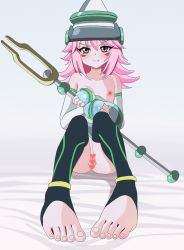 Rule 34 | 1girl, aruman, blush, censored, feet, flat chest, foot focus, functionally nude, hat, heart, heart censor, highres, long hair, looking at viewer, nipples, pink hair, pussy, solo, toes, tuning magician, yu-gi-oh!, yu-gi-oh! arc-v
