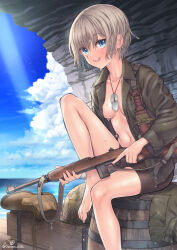 Rule 34 | 1girl, barefoot, barrel, bike shorts, blue eyes, blue sky, blush, boots, breasts, brown hair, camouflage, camouflage headwear, cave interior, cloud, collared shirt, combat helmet, commentary request, crate, cumulonimbus cloud, day, dog tags, foot out of frame, gun, helmet, highres, holding, holding gun, holding weapon, knee up, long sleeves, looking at viewer, m1 carbine, navel, no bra, no pants, open clothes, open mouth, open shirt, original, pants, rifle, samaru (seiga), shirt, short hair, simple bird, sitting, sitting on object, sky, small breasts, smile, solo, unworn boots, unworn pants, weapon, wet, wet clothes, wet hair