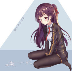 Rule 34 | 1girl, between legs, black pantyhose, blazer, blush, breasts, brown hair, character name, closed mouth, framed breasts, frown, full body, girls&#039; frontline, gloves, hair ribbon, half updo, hand between legs, head tilt, highres, icwine, jacket, leaning forward, long hair, looking at viewer, medium breasts, necktie, no shoes, one side up, pantyhose, pelvic curtain, purple hair, red eyes, red necktie, red ribbon, ribbon, seiza, shirt, sidelocks, signature, simple background, sitting, skirt, solo, sweatdrop, tearing up, tears, thighband pantyhose, thighs, very long hair, wa2000 (girls&#039; frontline)