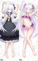 Rule 34 | 1girl, ahoge, azusa (blue archive), azusa (swimsuit) (blue archive), barefoot, bikini, blue archive, blue bow, blush, bow, breasts, closed mouth, dakimakura (medium), flower, frilled skirt, frills, grey hair, hair between eyes, hair flower, hair ornament, hair ribbon, highres, long hair, looking at viewer, lying, multiple views, on back, parted lips, pink eyes, pink flower, pink skirt, purple flower, ribbon, salyut, school uniform, skirt, small breasts, smile, swimsuit, very long hair, white bikini, yellow flower