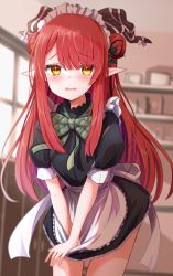 Rule 34 | 1girl, alternate costume, apron, baram, black dress, blurry, blurry background, blush, bow, commentary request, copyright request, depth of field, double bun, dress, dress tug, enmaided, green bow, hair bun, highres, horns, leaning forward, long hair, looking at viewer, maid, maid headdress, parted lips, pointy ears, puffy short sleeves, puffy sleeves, red hair, ribbon, short sleeves, solo, tears, very long hair, virtual youtuber, wavy mouth, white apron, white bow, white ribbon, window, yellow eyes