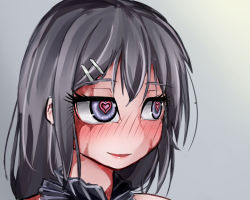 Rule 34 | 1girl, black hair, blush, burn scar, commentary request, dorei to no seikatsu ~teaching feeling~, grey background, hair between eyes, hair ornament, hairclip, heart, heart-shaped pupils, long hair, looking to the side, manatsu no yo no inmu, meme, nose blush, open mouth, portrait, purple eyes, scar, scar on face, simple background, smile, solo, sylvie (dorei to no seikatsu), symbol-shaped pupils, wars-ma, yajuu no gankou (meme)