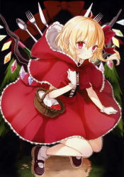 Rule 34 | 1girl, absurdres, alternate costume, apple, basket, blonde hair, brown footwear, cosplay, flandre scarlet, food, fork, fruit, full body, gloves, highres, holding, honotai, knife, little red riding hood, little red riding hood (grimm), little red riding hood (grimm) (cosplay), looking at viewer, pointy ears, red eyes, scan, shoes, smile, socks, solo, spoon, touhou, white gloves, white socks, wings