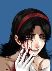 Rule 34 | 1girl, black hair, blood, blood on face, blue background, gloves, grey eyes, hairband, highres, hoshi san 3, kirigoe mima, looking at viewer, medium hair, parted lips, perfect blue, portrait, red hairband, simple background, solo, white gloves