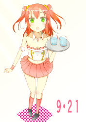 Rule 34 | 1girl, :o, absurdres, aqua eyes, artist name, artist request, bare legs, bare shoulders, black footwear, blush, breasts, collarbone, dress, female focus, frilled dress, frills, full body, green eyes, hair between eyes, hair ornament, hair scrunchie, highres, holding, holding plate, kurosawa ruby, looking at viewer, love live!, love live! sunshine!!, parted lips, plate, raphael00, red hair, red legwear, red skirt, scrunchie, shoes, short hair, skirt, small breasts, solo, white background, yellow scrunchie