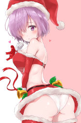 Rule 34 | 1girl, :o, alternate costume, ass, back, bare shoulders, bell, fate/grand order, fate (series), from behind, gloves, hair over one eye, hat, heart, highres, looking at viewer, looking back, mash kyrielight, minikon, miniskirt, panties, pink background, purple eyes, purple hair, red gloves, red legwear, red ribbon, red skirt, ribbon, santa costume, santa hat, short hair, skirt, solo, two-tone background, underwear, white background, white gloves, white panties
