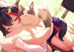 Rule 34 | 1girl, animal ear fluff, bare legs, black hair, cat, covered mouth, hair ornament, highres, hololive, long sleeves, lying, meemo, multicolored hair, hugging object, on side, ookami mio, ookami mio (casual), pillow, pillow hug, shorts, streaked hair, taiga (ookami mio), tail, virtual youtuber, yellow eyes