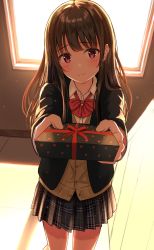 Rule 34 | 1girl, backlighting, black jacket, black skirt, blazer, blush, bow, bowtie, box, brown cardigan, brown hair, burenbo, buttons, cardigan, closed mouth, collared shirt, commentary request, cowboy shot, day, foreshortening, gift, gift box, head tilt, holding, holding box, indoors, jacket, light smile, long hair, long sleeves, looking at viewer, miniskirt, open clothes, open jacket, original, outstretched arms, plaid, plaid skirt, pleated skirt, polka dot, red bow, red bowtie, red eyes, red ribbon, ribbon, school uniform, shirt, sidelocks, skirt, solo, standing, thighs, undershirt, valentine, white shirt, window, wing collar