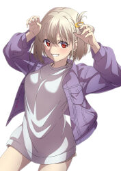 Rule 34 | 1girl, :d, arms up, breasts, claw pose, dress, grey dress, grey hair, grey sweater, grin, hair ornament, hairclip, highres, jacket, long sleeves, looking at viewer, lycoris recoil, medium breasts, naguramu, nishikigi chisato, open mouth, parted lips, purple jacket, red eyes, short hair, simple background, smile, solo, sweater, sweater dress, white background