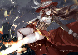 Rule 34 | 1girl, armor, artist name, asymmetrical gloves, black gloves, breasts, brown hair, cleavage, cloud, cloudy sky, corset, gloves, hand up, hat, hat feather, highres, large breasts, long hair, long skirt, looking at viewer, moon, night, night sky, one eye closed, rain, red hat, red skirt, skirt, sky, skyline, smile, solo, thighhighs, tower of saviors, uneven gloves, vardan, white gloves, yellow eyes