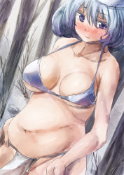 Rule 34 | 1girl, areola slip, bare shoulders, belly, blue bra, blue eyes, blue hair, bra, breasts, fundoshi, hat, japanese clothes, large breasts, letty whiterock, looking at viewer, matching hair/eyes, navel, plump, short hair, solo, touhou, tree, underwear, yohane