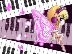 Rule 34 | 1girl, bad id, bad pixiv id, barefoot, blonde hair, blue eyes, bug, butterfly, butterfly wings, chibi, hair ornament, hairclip, headphones, insect, insect wings, instrument, kagamine rin, migikata no chou (vocaloid), nude, piano, piano keys, ruei (chicking), rui (pixiv840498), short hair, solo, vocaloid, wings