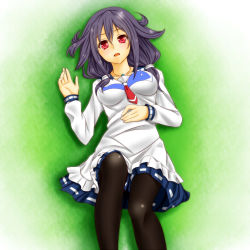 Rule 34 | 10s, 1girl, apron, black pantyhose, blue skirt, hand on own stomach, jewelry, kantai collection, kappougi, libus, long sleeves, looking at viewer, low twintails, lying, neckerchief, necklace, on back, open mouth, pantyhose, pleated skirt, purple hair, red eyes, sailor collar, skirt, solo, taigei (kancolle), twintails