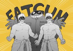 Rule 34 | 3boys, abs, bara, belly, blonde hair, bodysuit, boku no hero academia, character name, clenched hands, clone, english text, fat, fat man, fatgum, highres, hood, large pectorals, looking at viewer, male focus, mask, multiple boys, multiple monochrome, muscular, navel, navel hair, nipples, outstretched arms, pectorals, short hair, skin tight, smile, spread arms, topless male, zaku art