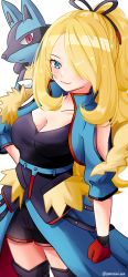 Rule 34 | 1girl, amai-tapioca, black ribbon, blonde hair, blush, breasts, cleavage, clenched hand, closed mouth, clothing cutout, collarbone, commentary request, creatures (company), cynthia (pokemon), cynthia (sygna suit) (aura) (pokemon), eyelashes, fur trim, game freak, gen 4 pokemon, gloves, green eyes, hair over one eye, hair ribbon, hand on own hip, long hair, lucario, nintendo, official alternate costume, pokemon, pokemon (creature), pokemon masters ex, red gloves, ribbon, shorts, shoulder cutout, smile, white background
