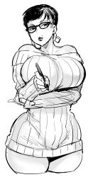 Rule 34 | 1girl, bad id, bad tumblr id, bare shoulders, breasts, cropped legs, curvy, dress, earrings, glasses, greyscale, highres, huge breasts, jewelry, mole, monochrome, off-shoulder, off-shoulder sweater, off shoulder, pen, ribbed sweater, short hair, simple background, sketch, solo, sweater, sweater dress, synecdoche, thick thighs, thighs, white background, wide hips
