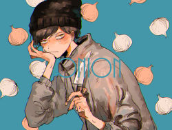 Rule 34 | 1boy, beanie, black hair, black hat, blue background, chromatic aberration, closed mouth, commentary, commentary request, dobunomeme, english commentary, english text, from side, grey jacket, hat, highres, holding, holding knife, jacket, knife, leaning forward, long sleeves, looking at viewer, male focus, mixed-language commentary, onion, original, short hair, solo, tearing up, upper body, wiping face, yellow eyes