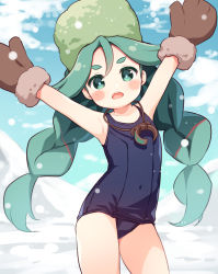Rule 34 | 1girl, armpits, arms up, bare shoulders, black one-piece swimsuit, blue sky, blush stickers, braid, brown mittens, cloud, collarbone, covered navel, creatures (company), day, fur-trimmed mittens, fur hat, fur trim, game freak, green eyes, green hair, green hat, hanamiya natsuka, hat, leaning to the side, low twintails, mittens, nintendo, old school swimsuit, one-piece swimsuit, open mouth, outdoors, parted bangs, pokemon, pokemon legends: arceus, sabi (pokemon), school swimsuit, short eyebrows, sky, snow, snowing, solo, swimsuit, teeth, thick eyebrows, twin braids, twintails, upper teeth only