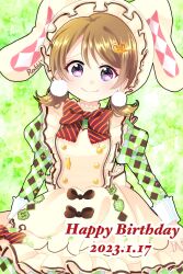 Rule 34 | 1girl, animal ears, bow, brown bow, brown hair, dress, fake animal ears, frilled dress, frills, green sleeves, hair ornament, hairpin, happy birthday, highres, juliet sleeves, koizumi hanayo, long sleeves, love live!, love live! school idol project, low twintails, puffy sleeves, purple eyes, rabbit ears, raised eyebrows, smile, striped, striped bow, sugachon, twintails, yellow headwear